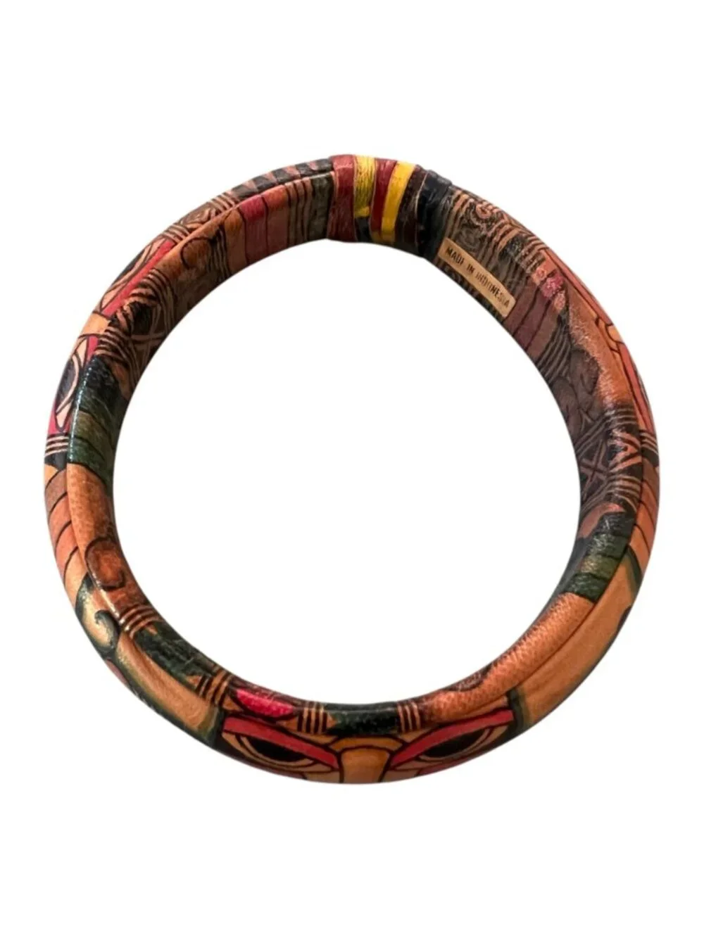 Handmade Leather Bangle, Indonesian Folk Art Bracelet, Tribal Indigenous Motif